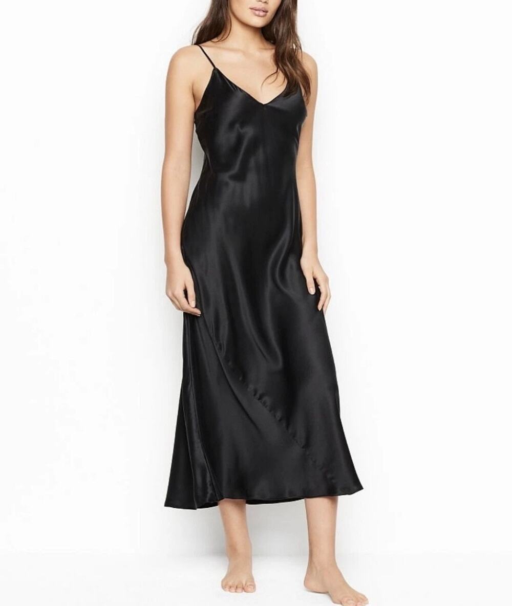 Victoria’s Secret Black Satin Slip Dress Open Back Tie Straps romantic Midi L